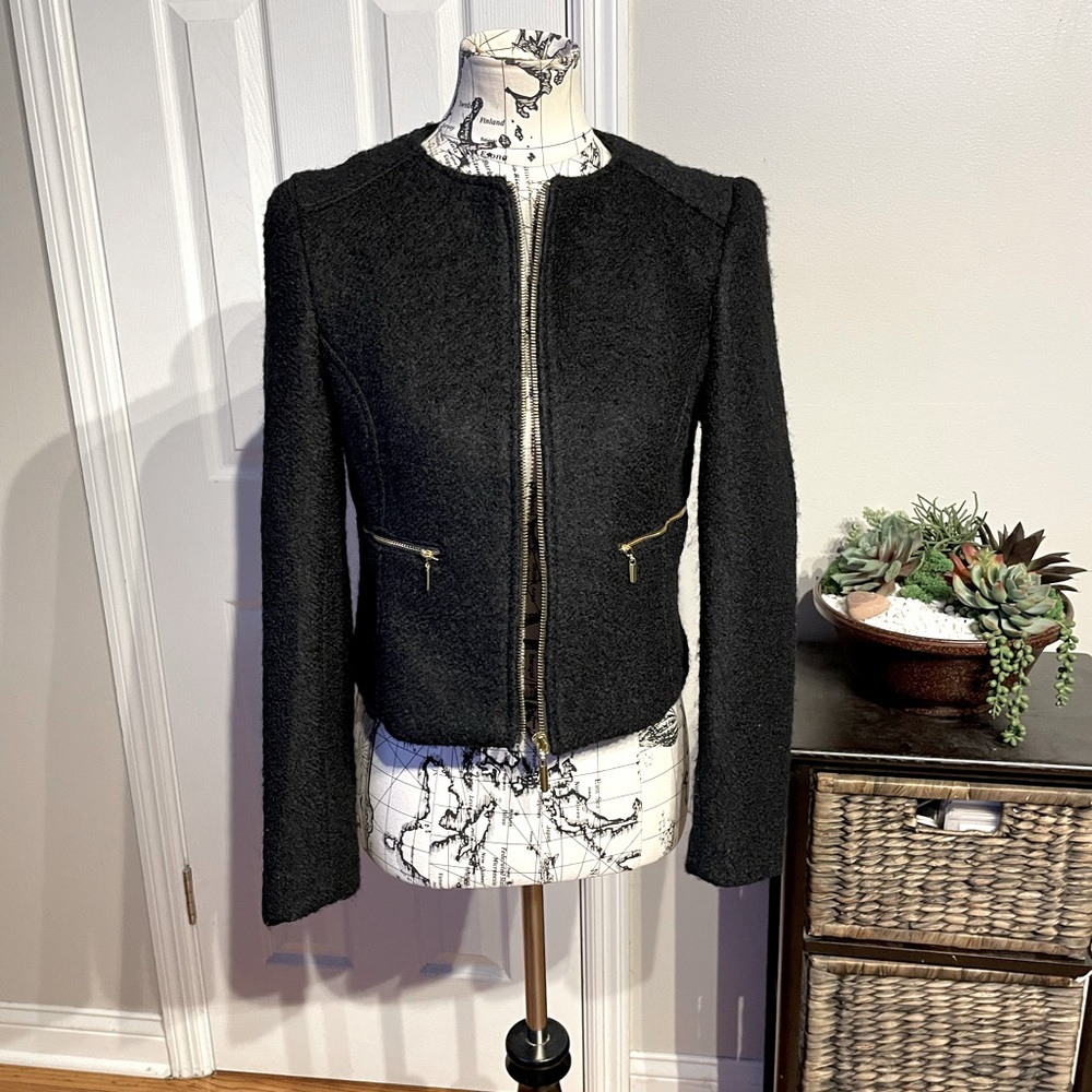 Carmen MarcValvo Wool Tweed Textured Tailored Zip Winter Work Crop moto work 6